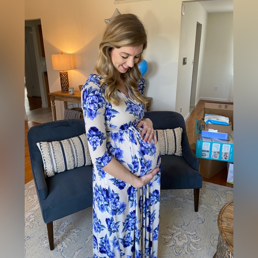 PinkBlush Maternity & Nursing Friendly Blue White Floral Dress Small